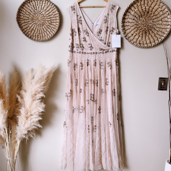 NWT Mac Duggal 93575 Embellished Wrap Over Cap Sleeve A-Line Gown Blush Size 18 - Picture 9 of 16